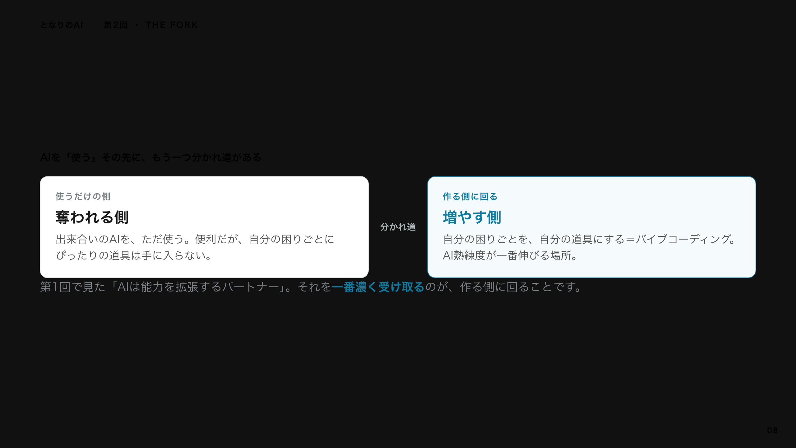 スライド 8：AIを使うその先に、もう一つの分かれ道