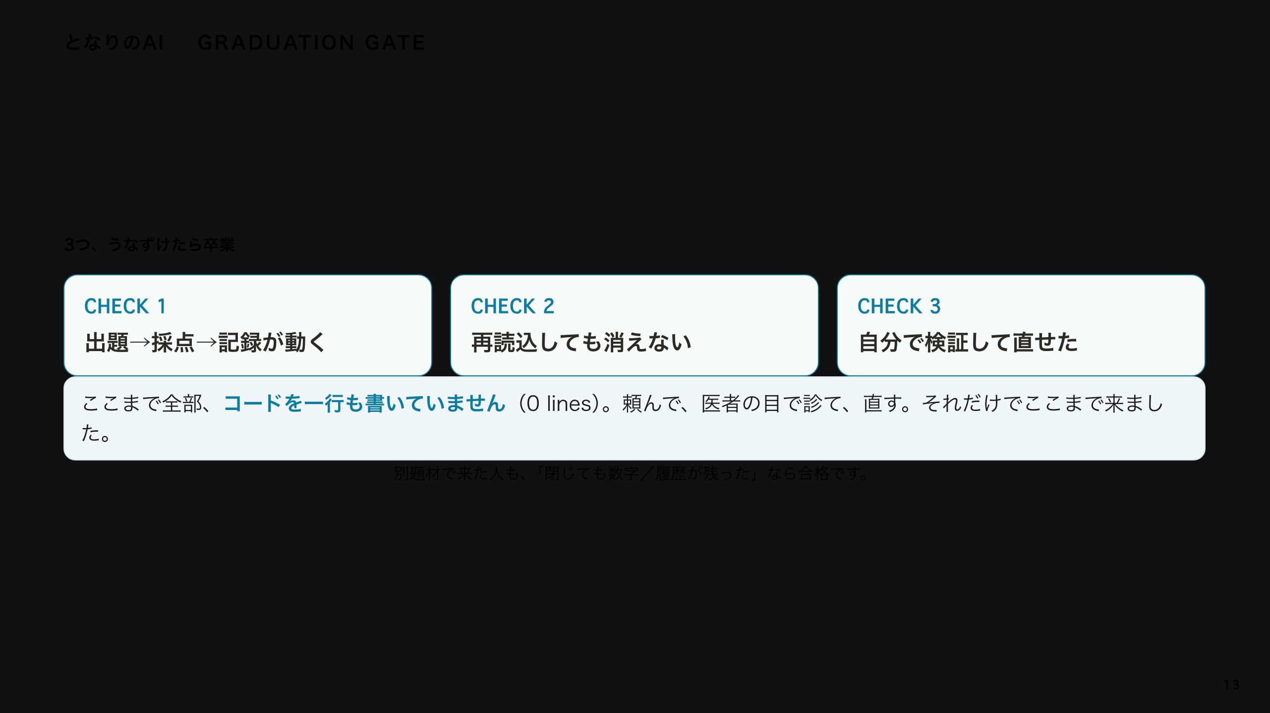 スライド 13：3つ、うなずけたら卒業