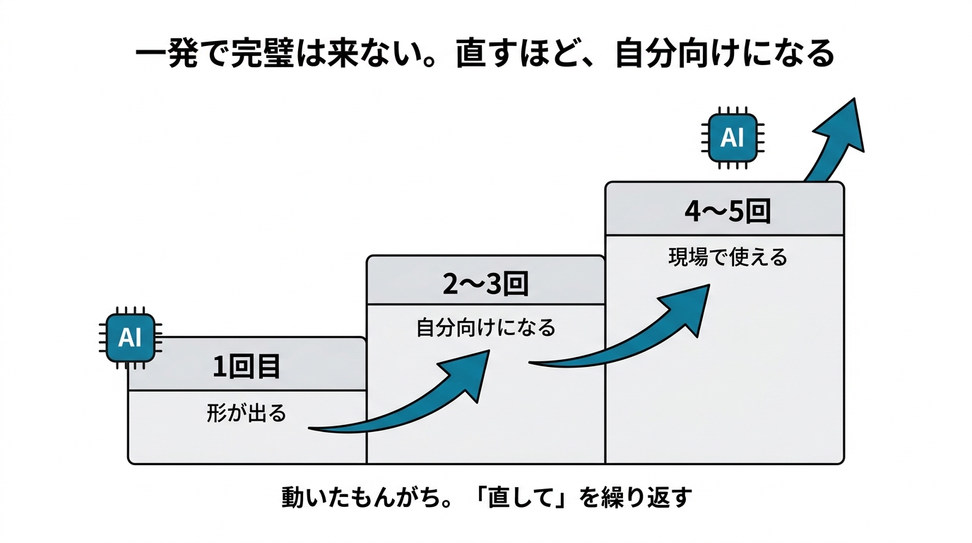 一発で完璧は来ない。1回目で形が出る、2〜3回で自分向けになる、4〜5回で現場で使える。