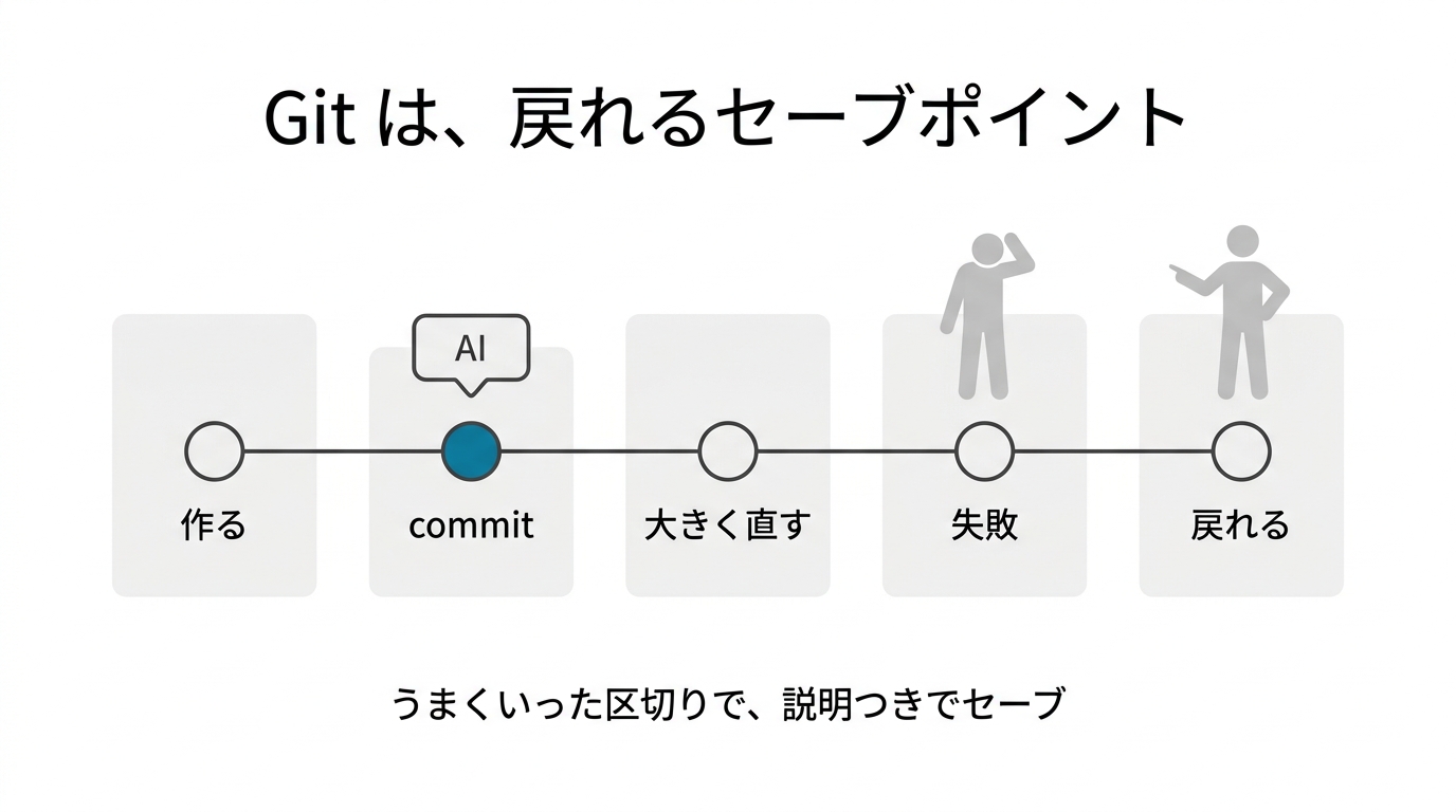 Gitは戻れるセーブポイント。うまくいった区切りで説明つきでセーブする。